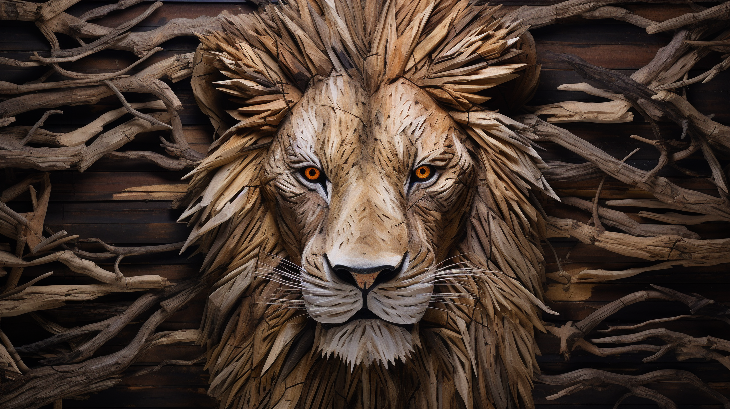 Abstract lion artwork made from wood branches