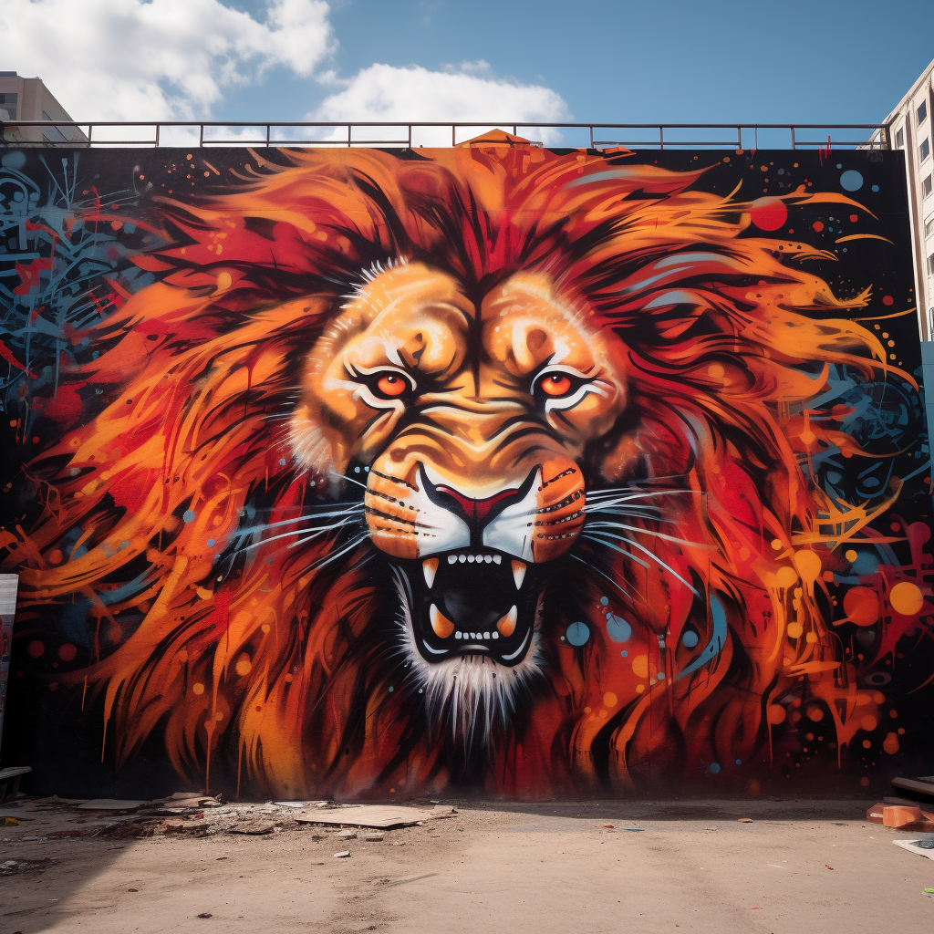 Colorful lion graffiti on city wall