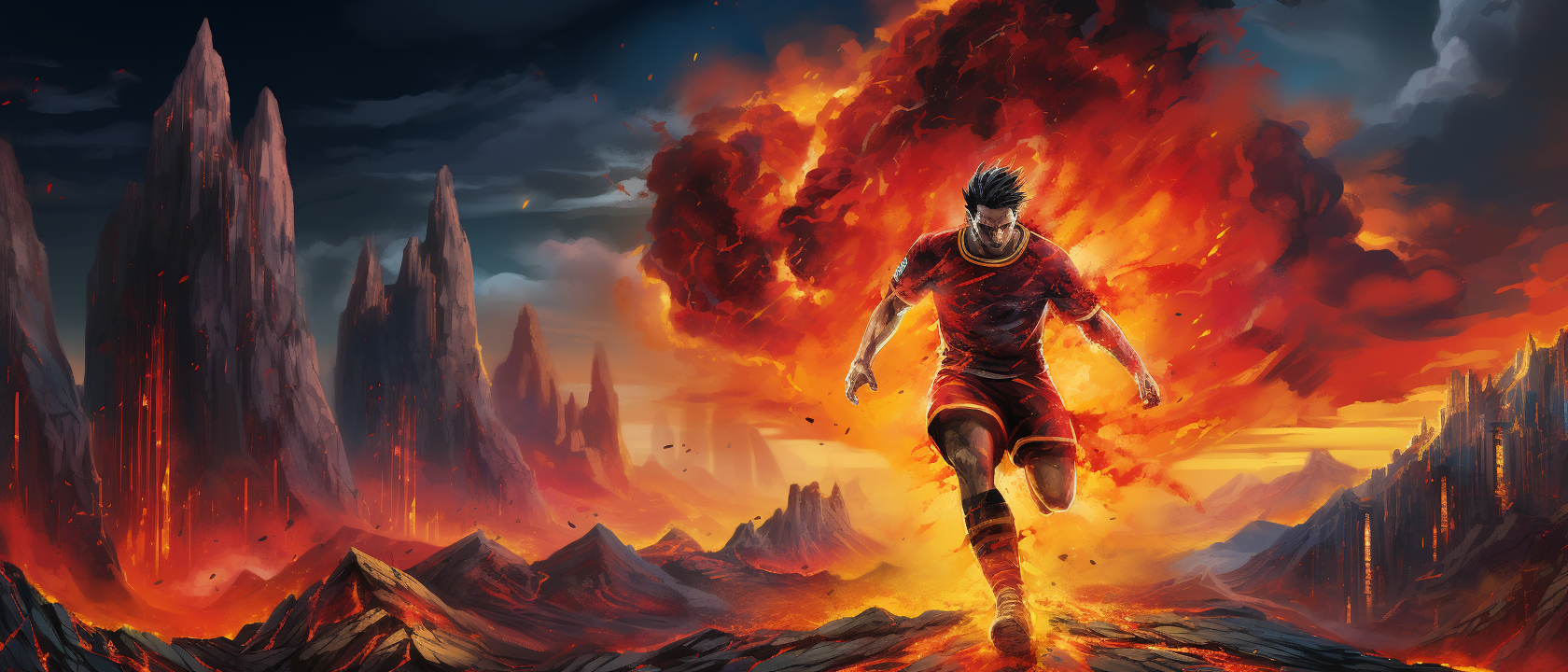 Lionel Messi playing soccer on a volcano art