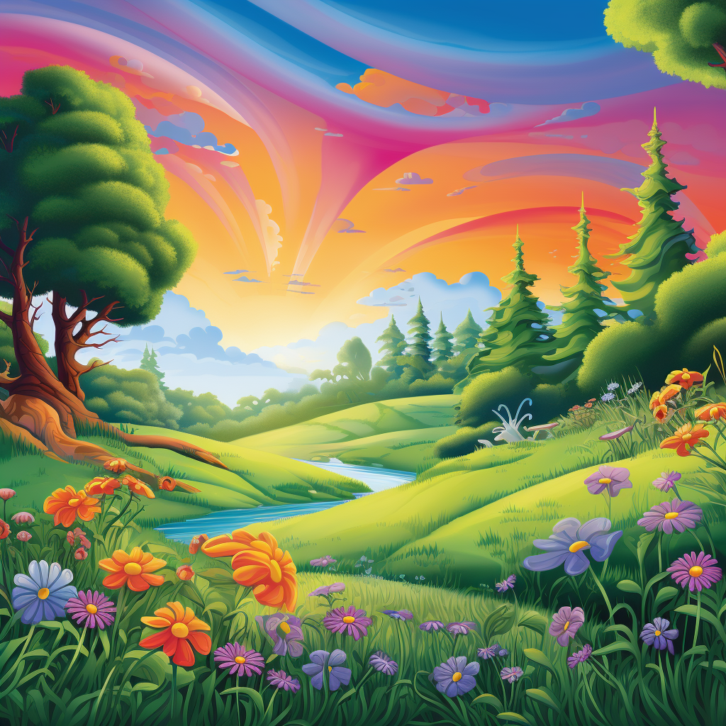 Colorful Lisa Frank Airbrush Meadow with Trees