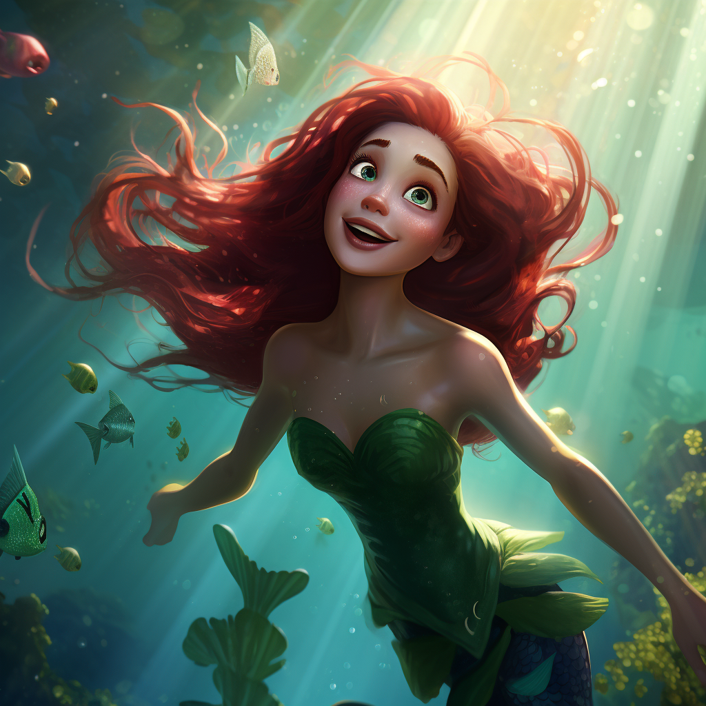 Disney's Little Mermaid as a Pixar character swimming underwater