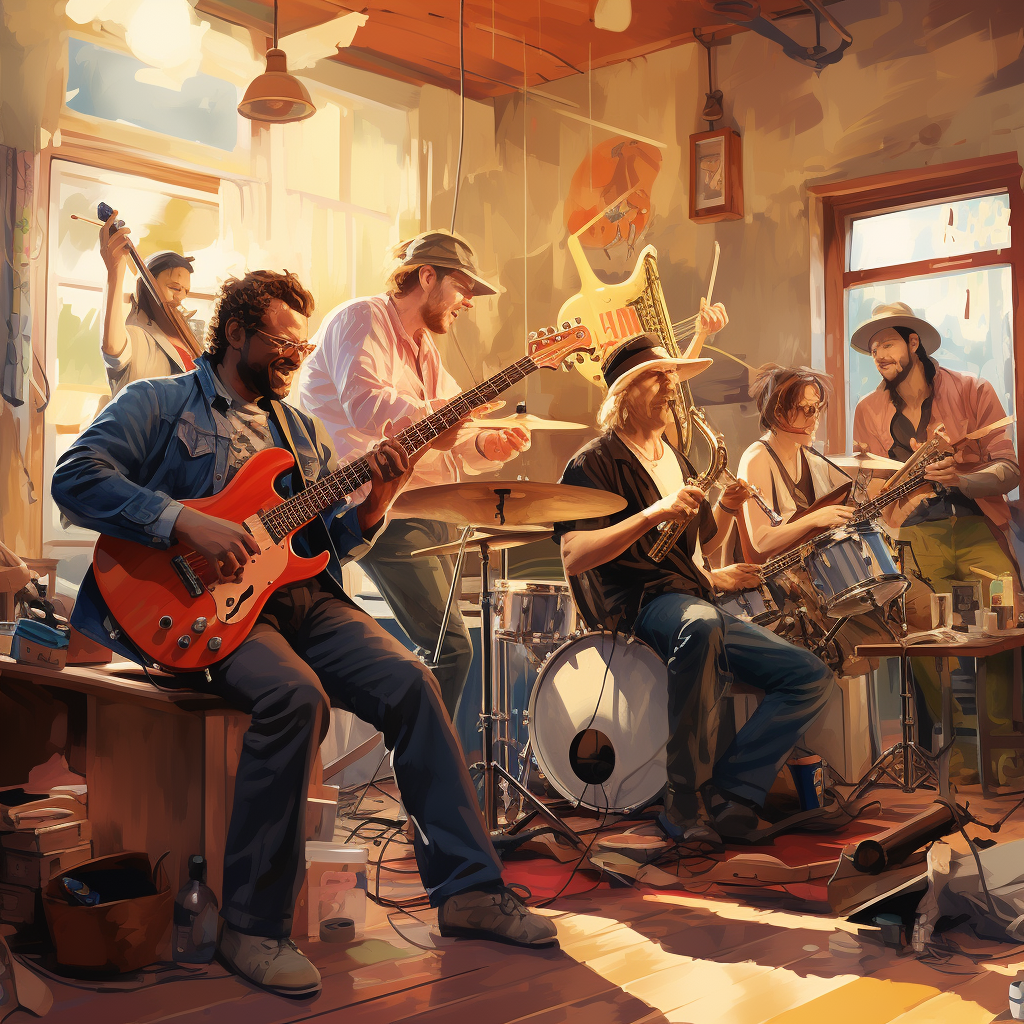 House band musicians jamming in lively illustration