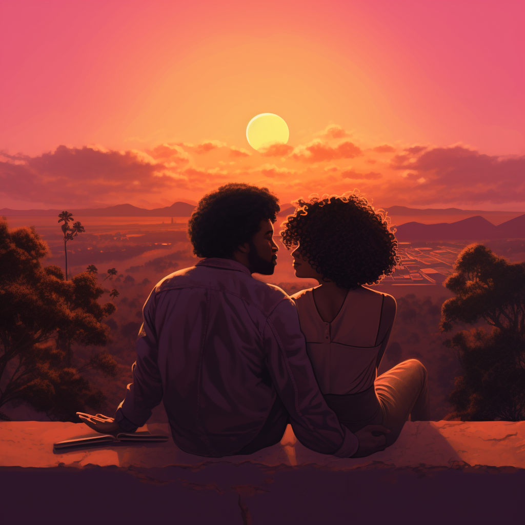 Couple enjoying sunset with afro hair