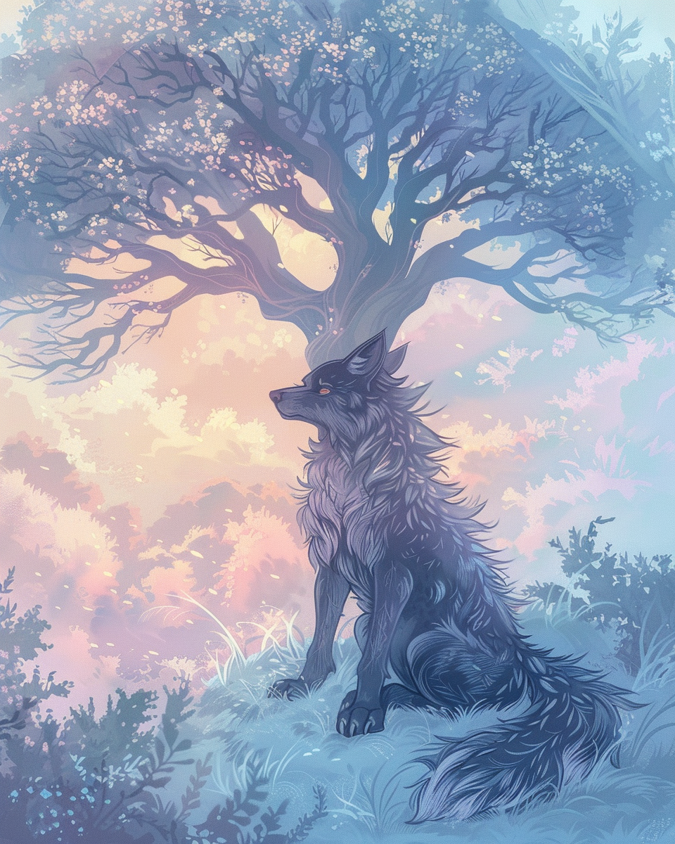 Fenrir sitting by Yggdrasil