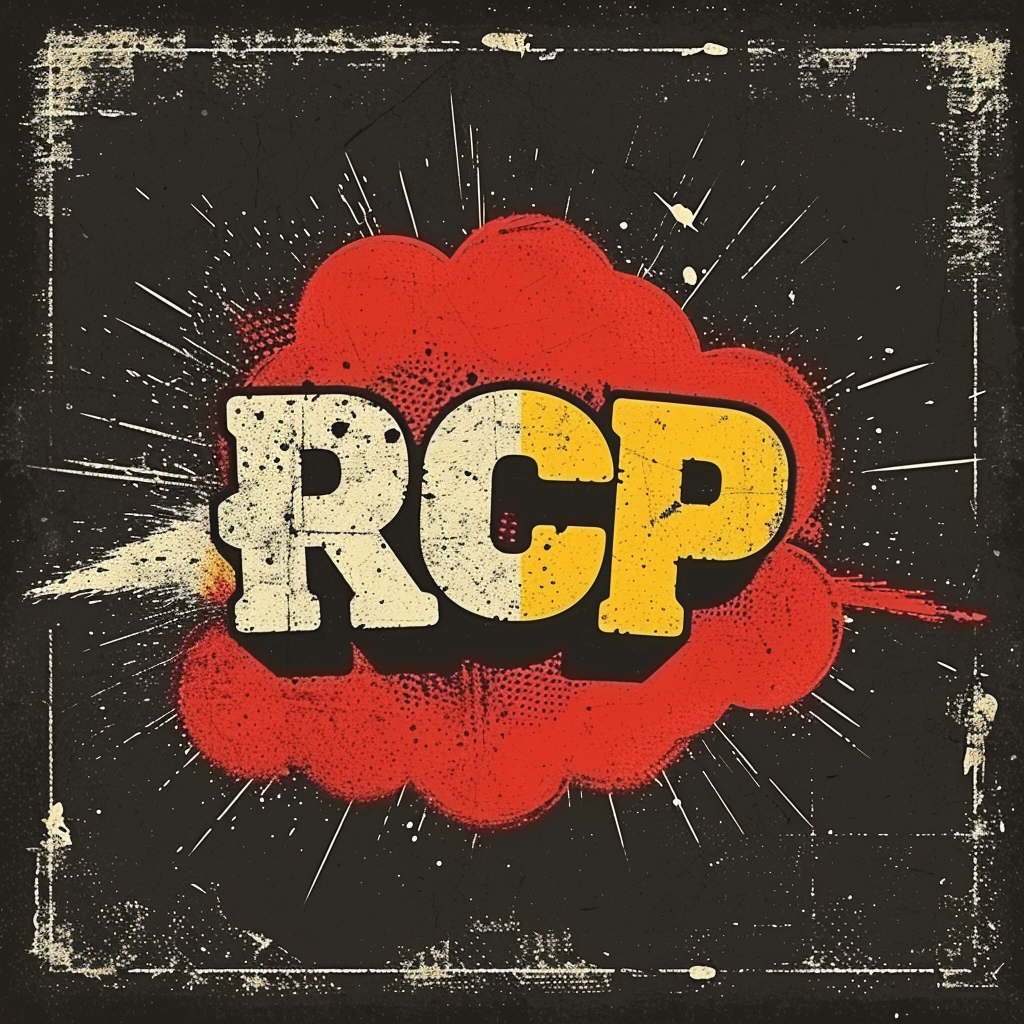 RCP logo with spray cans, gas masks, burglary objects