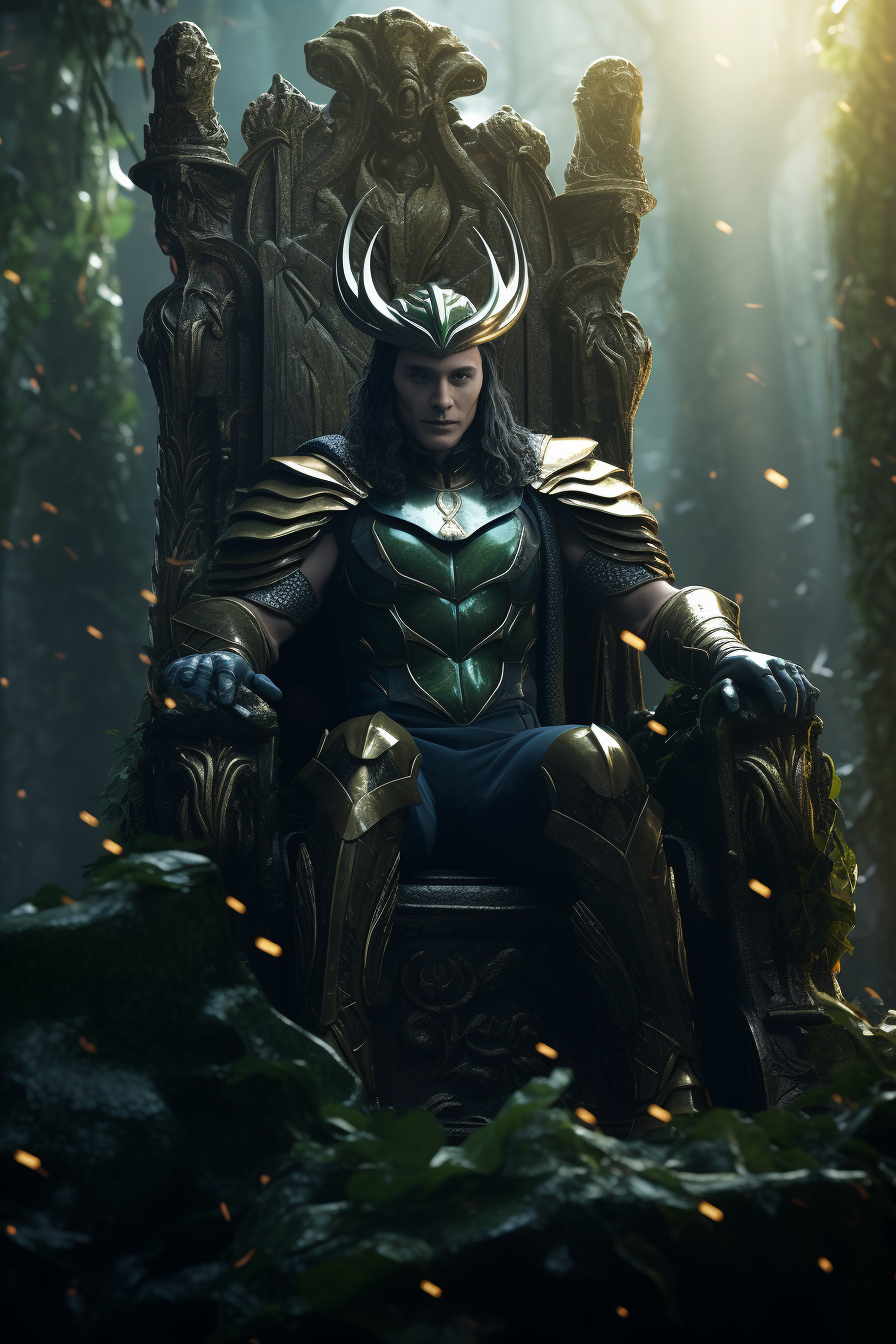 Loki in Cape and Crown on Throne