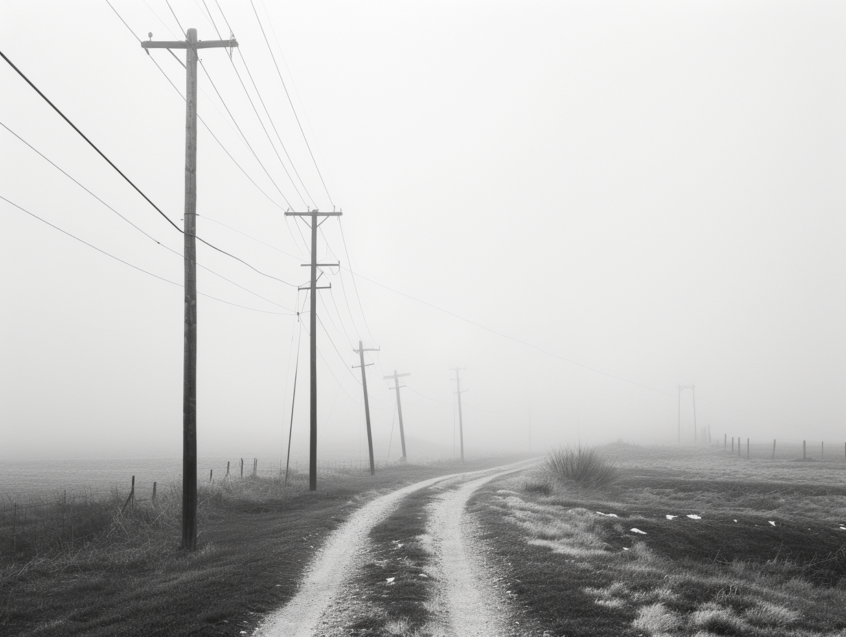 Road with hanging jeans on power lines