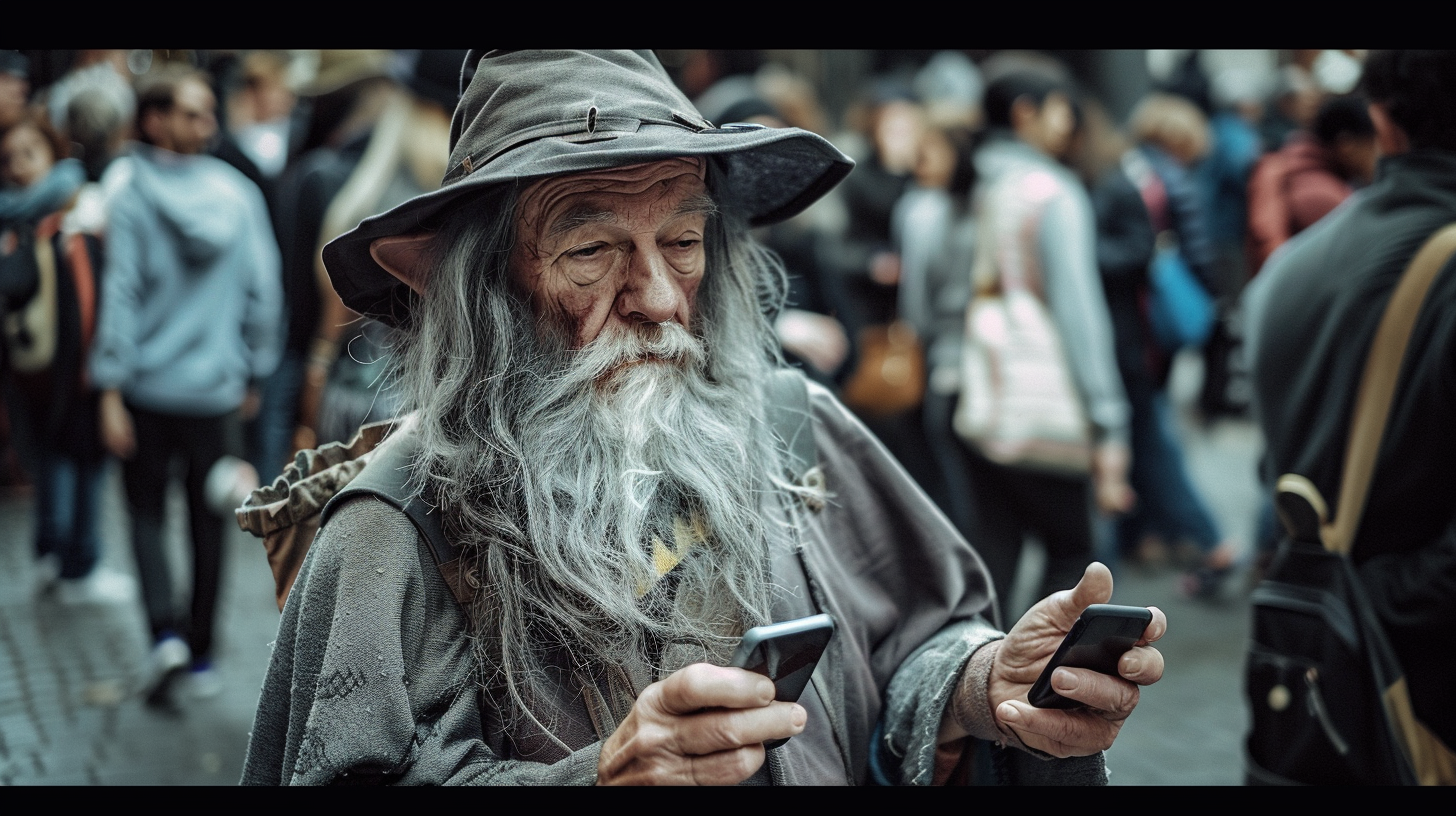 Sad Wizard Surrounded by People on Phones