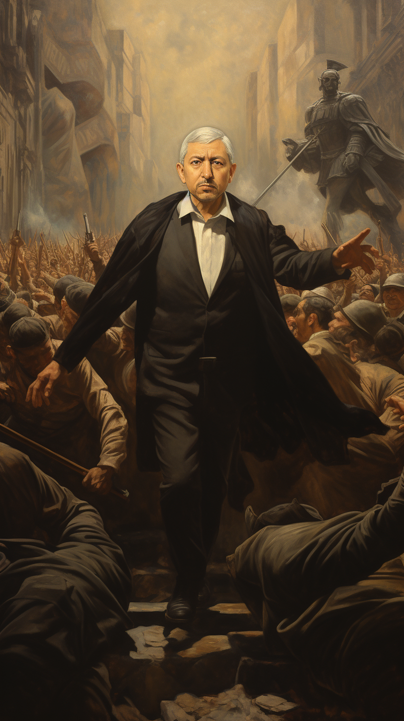 Historical painting of Lopez Obrador leading Mexico's independence charge