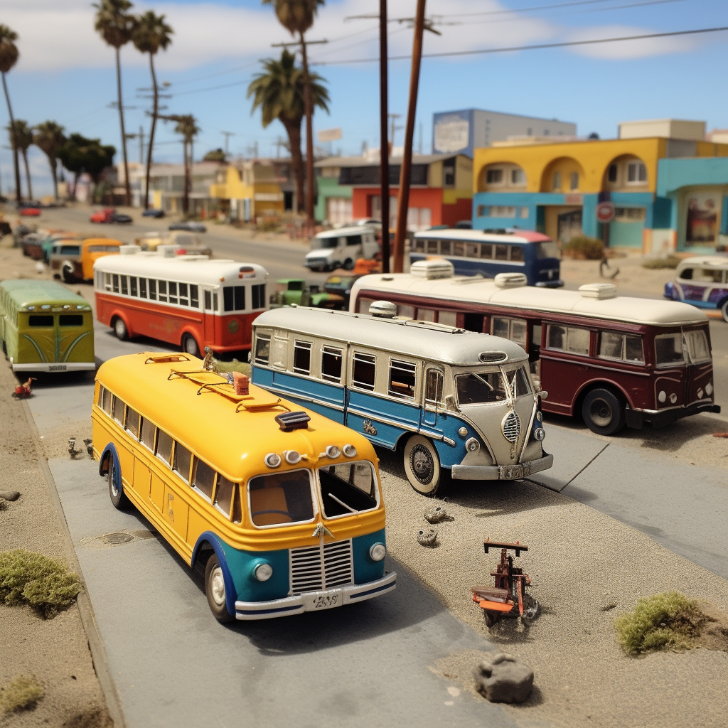 Model buses on Los Angeles beach