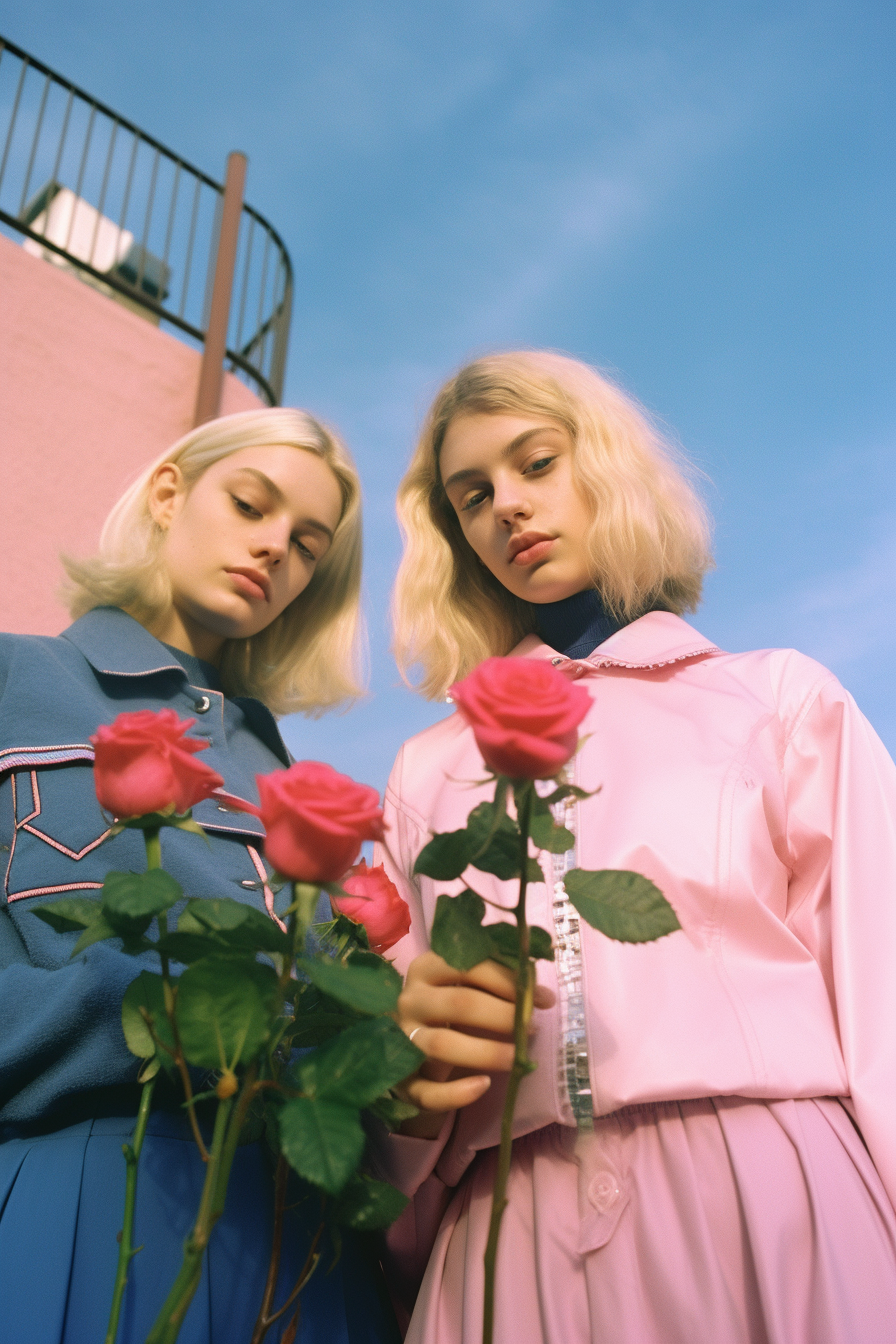 Two friends holding roses in Los Angeles