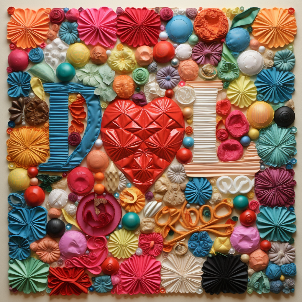 Colorful quilted letters spelling 'love' with Christmas spirit