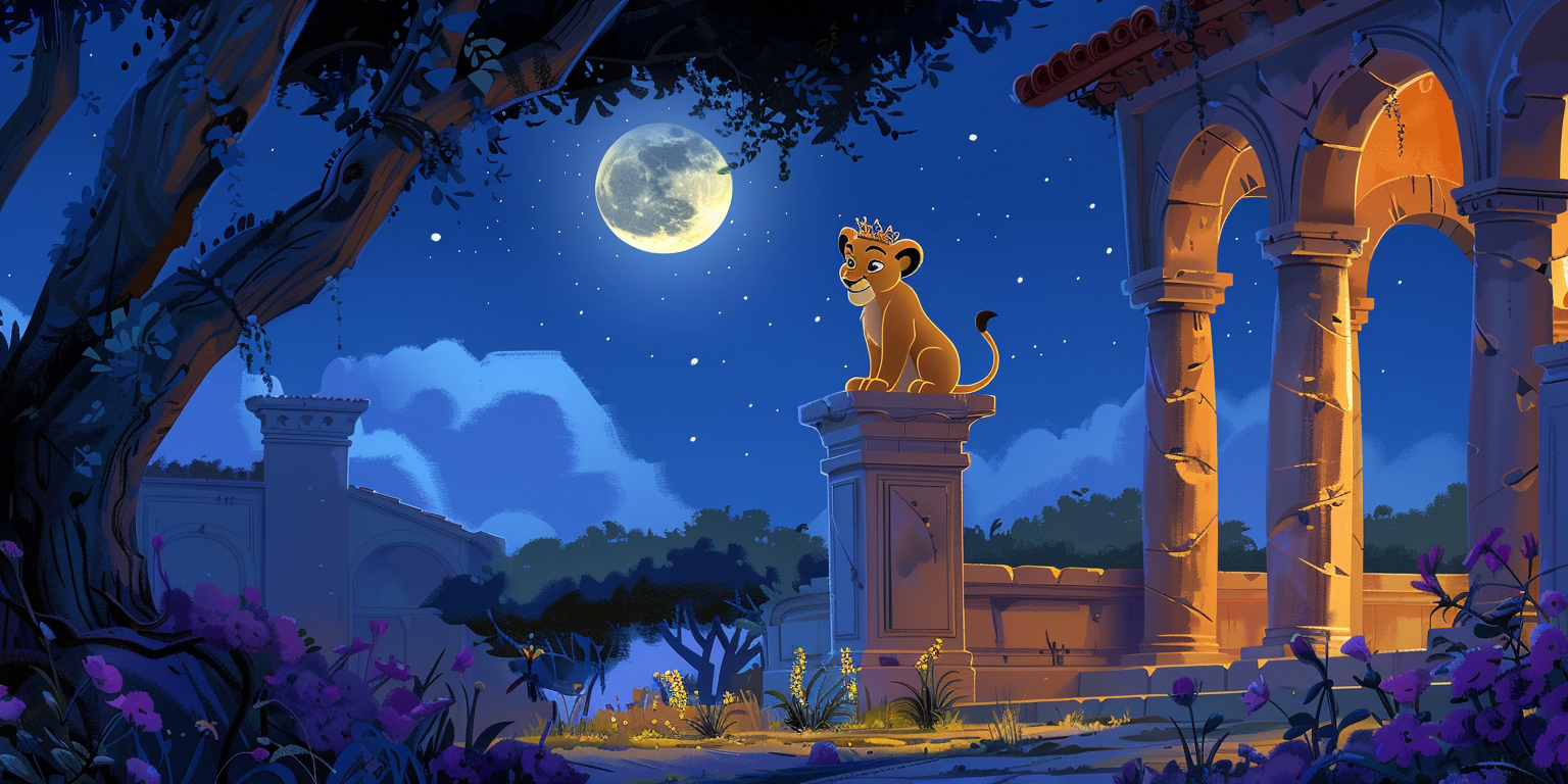 Lion cub in palace under moonlight