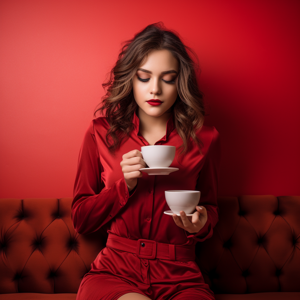 Model in Red Dress Drinking Coffee