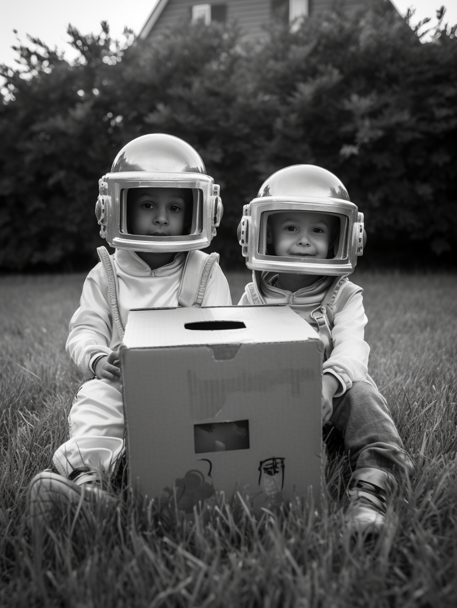 Children wearing cardboard box helmets in backyard