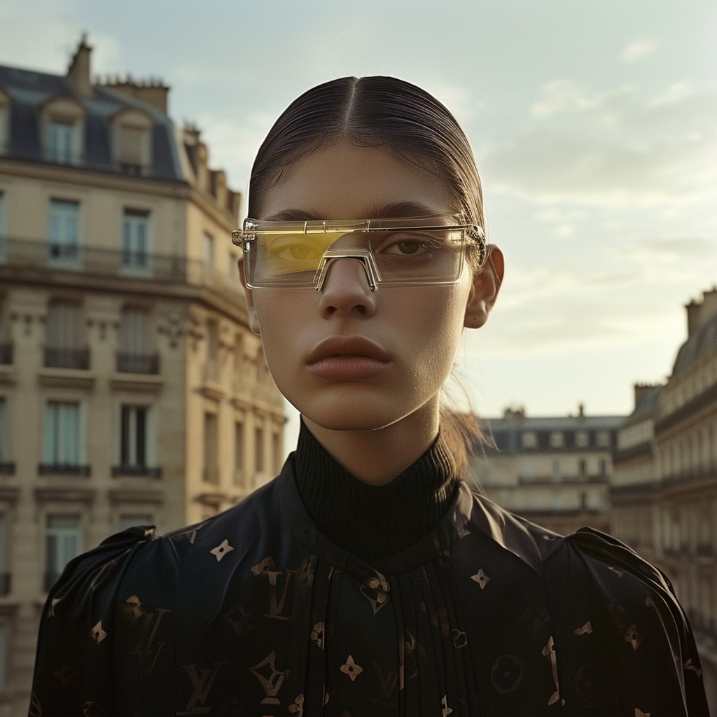 Luis Vuitton Model with Glasses in Dystopian Realism