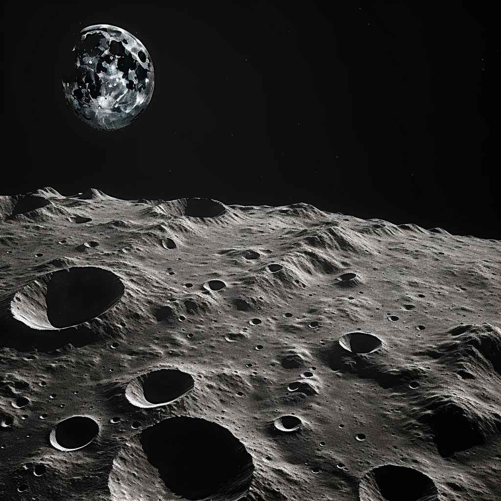 Black and white cinematic shot of lunar surface with rocks' shadows