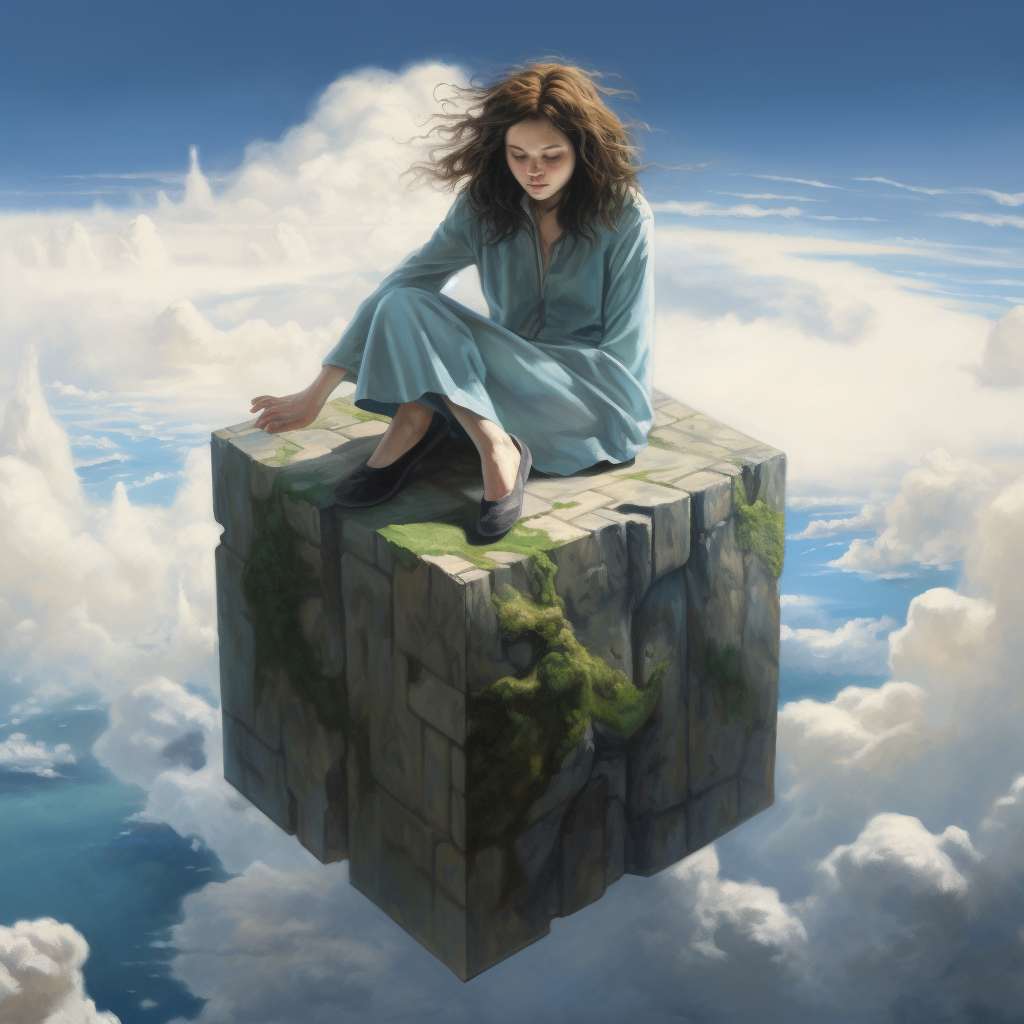 Woman with Lush Hair Sitting on Cube at End of World