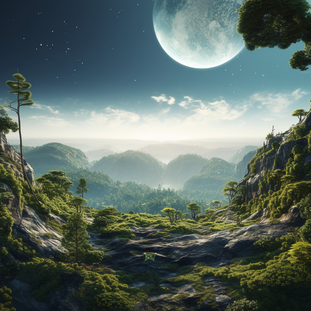 Lush forest planet with Saturn-like planet in the sky