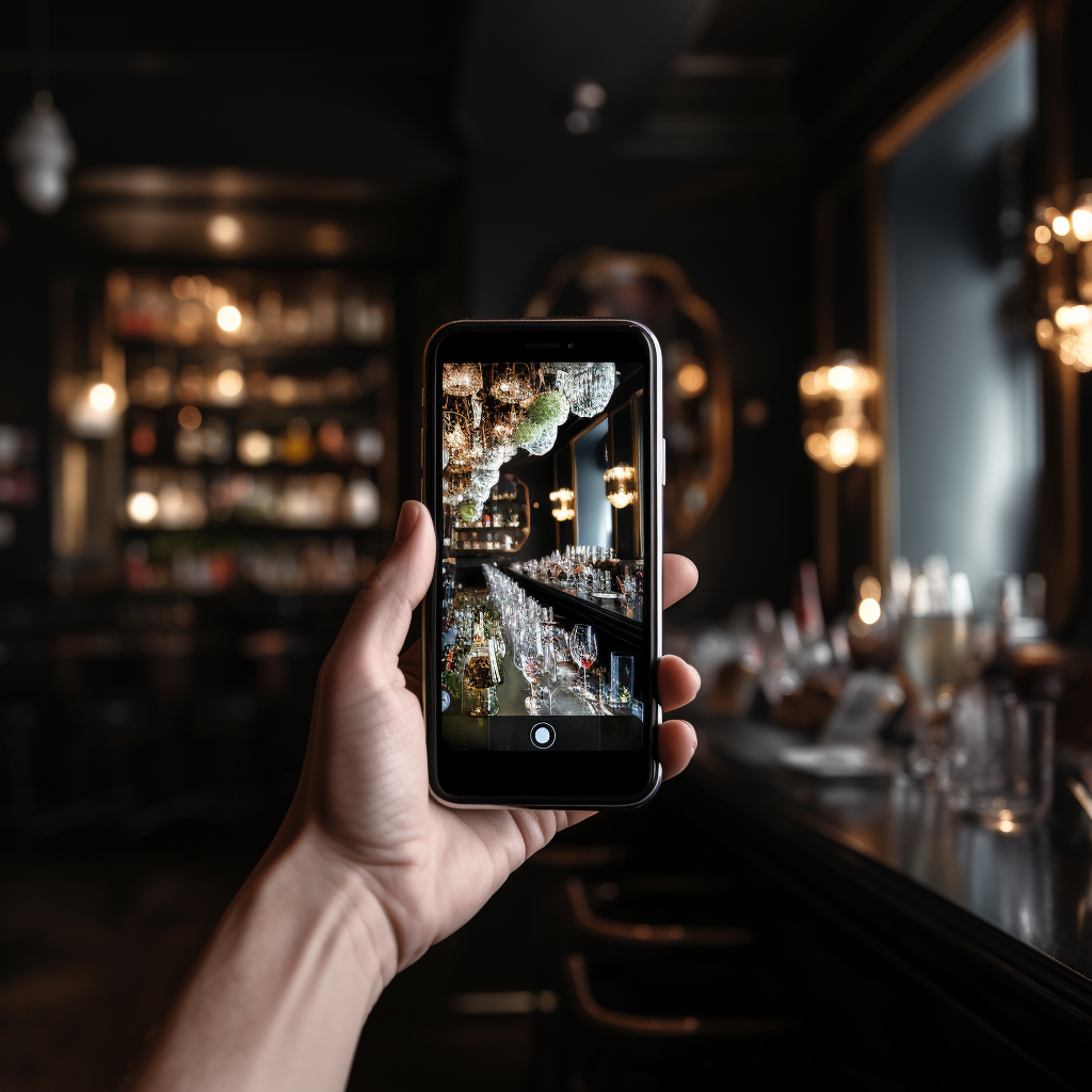 Hand holding iPhone in luxury bar