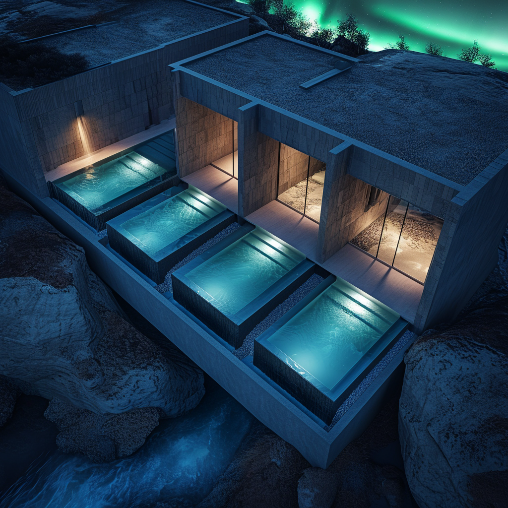 Aerial view of luxury spa with aurora borealis projection