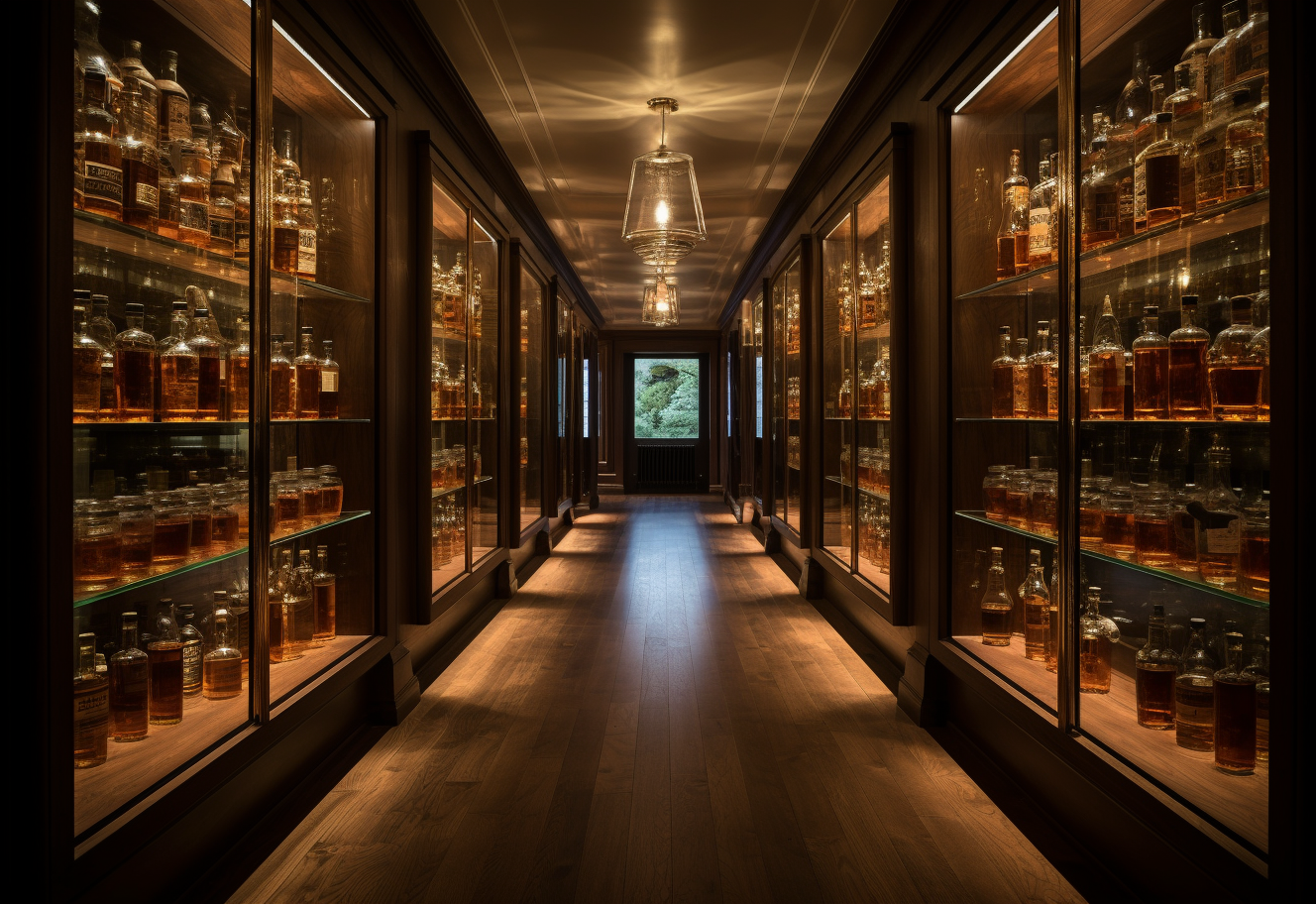 Bottles of luxury whisky on wooden shelves