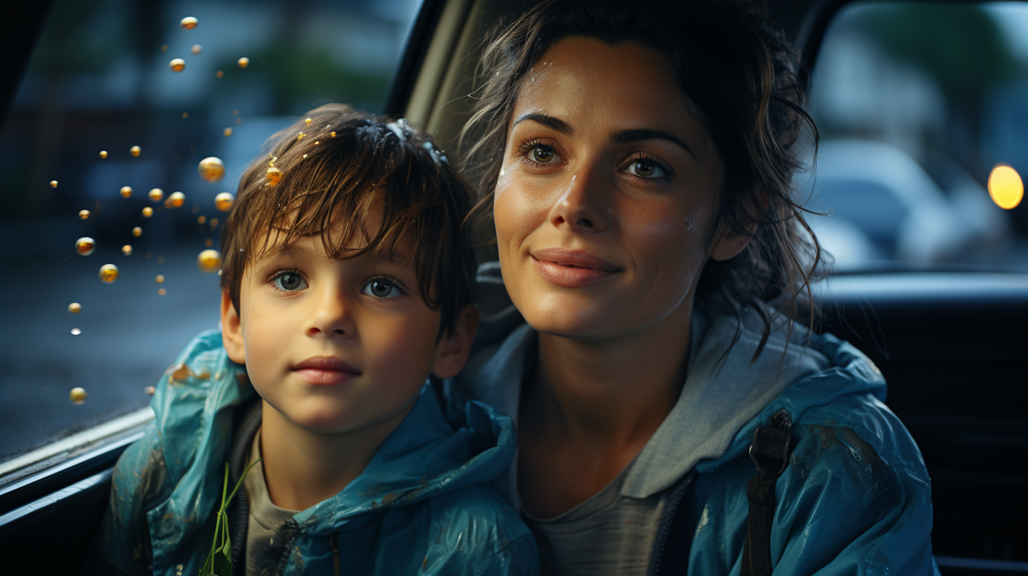 Mother filling up car with kids inside