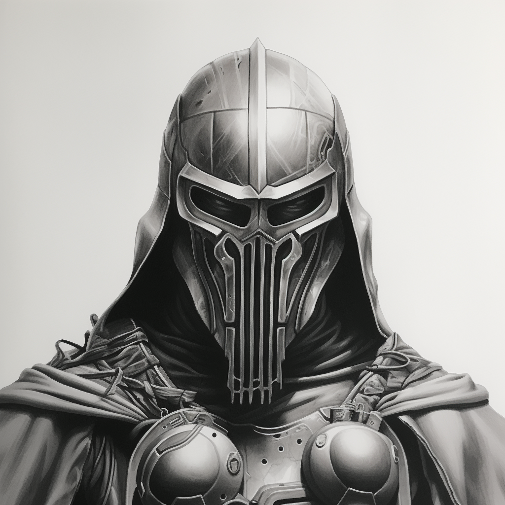 Realistic black and white image of MF DOOM