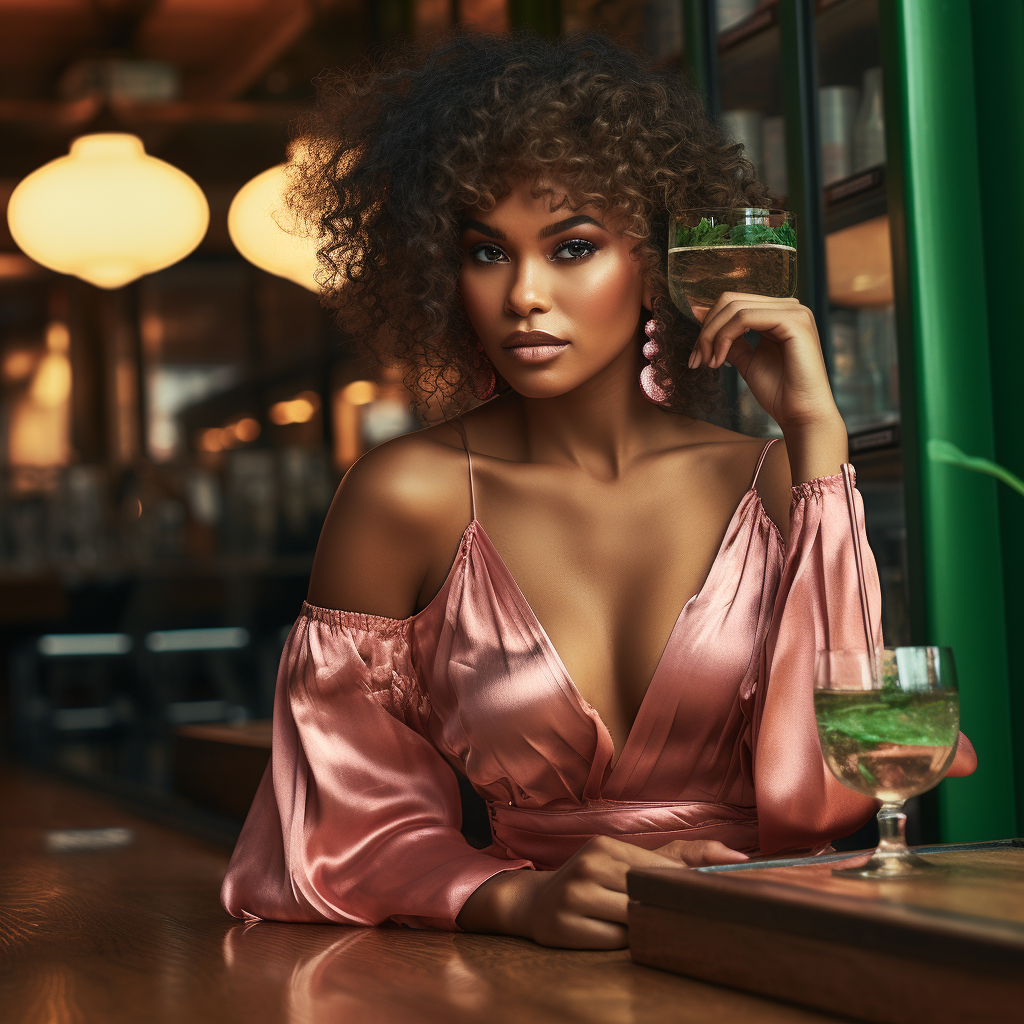 Stylish African American fashion model drinking at a bar.