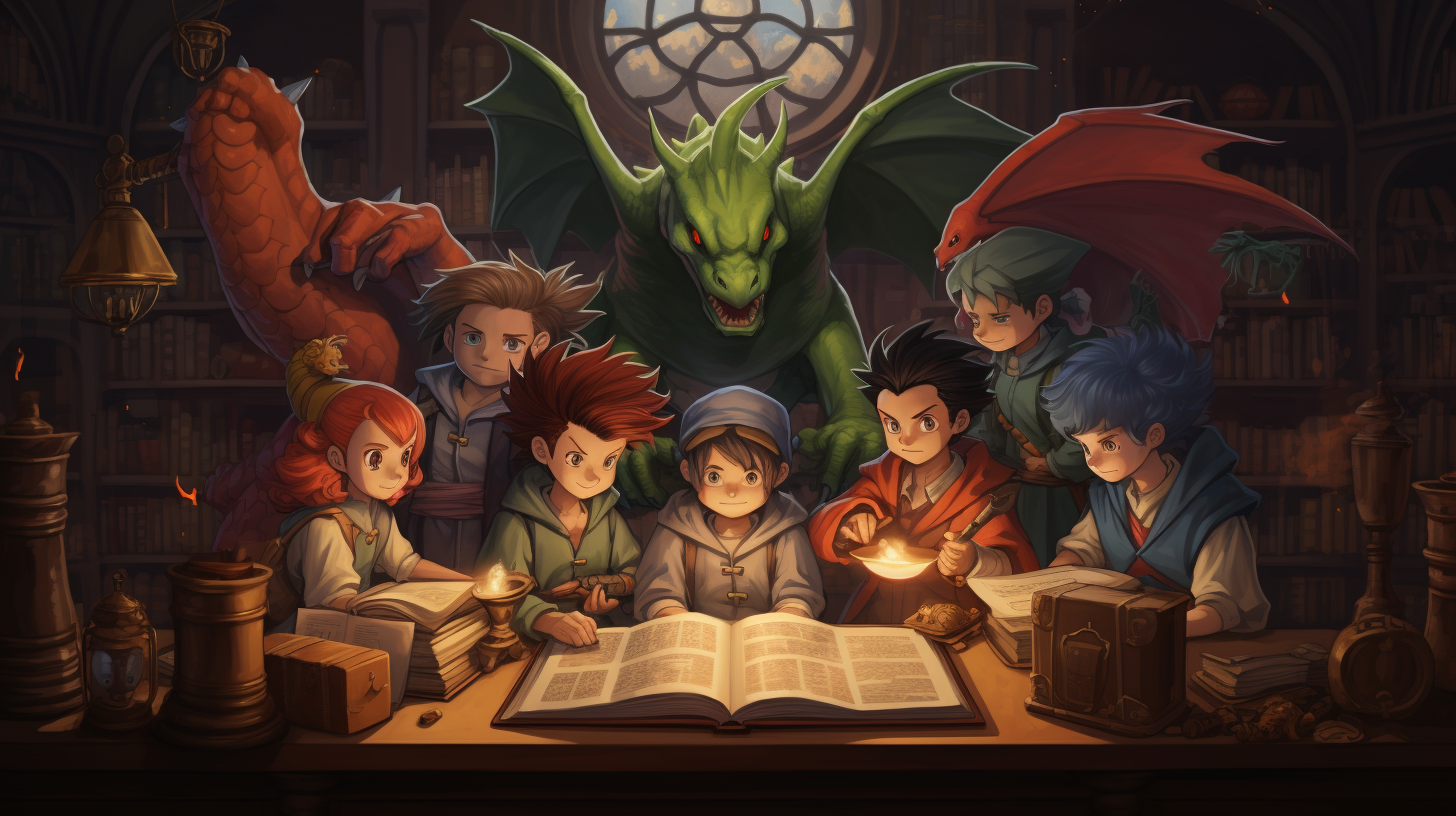 Illustration of a magical school with dragons