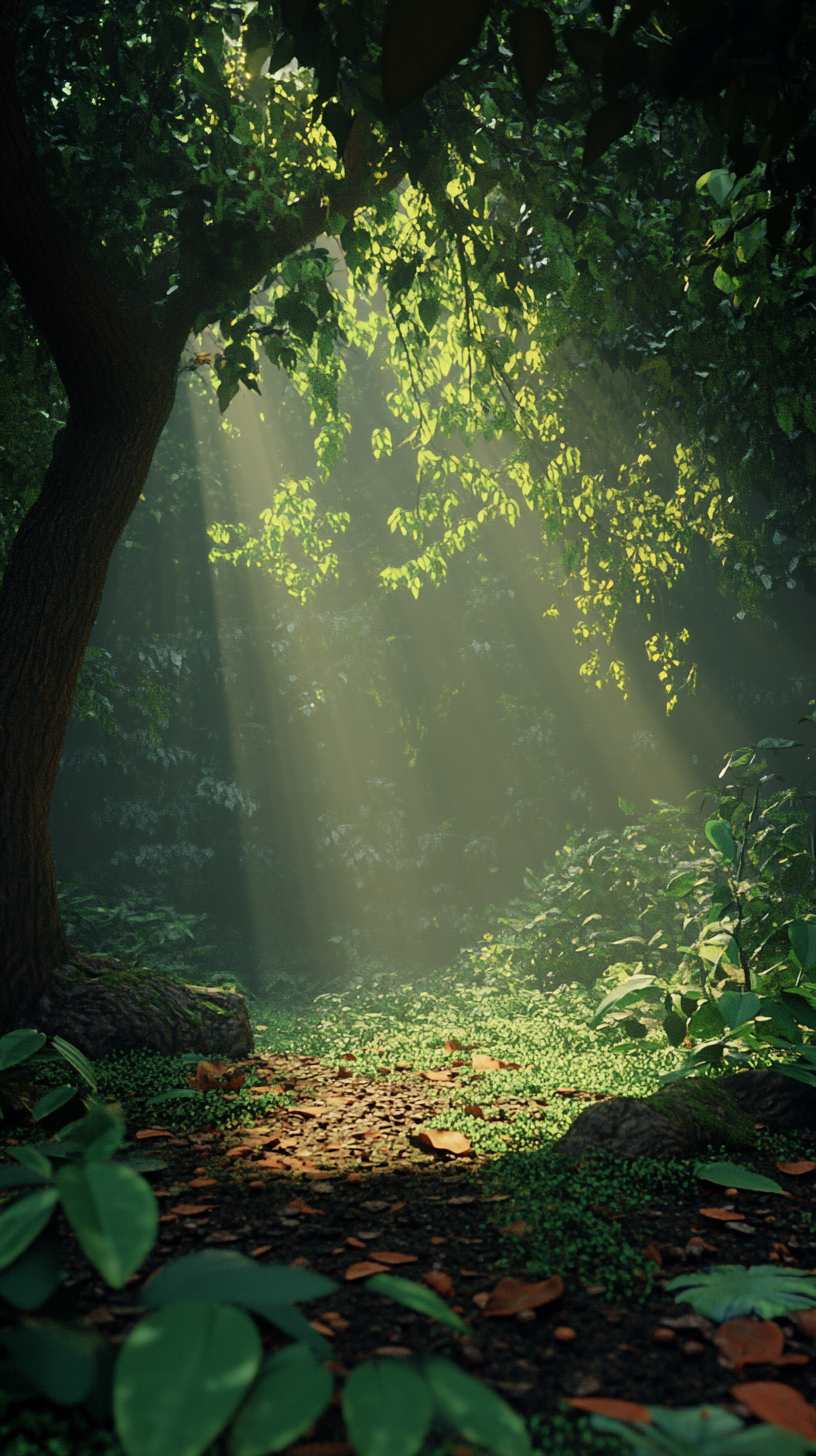 Enchanted forest with light rays