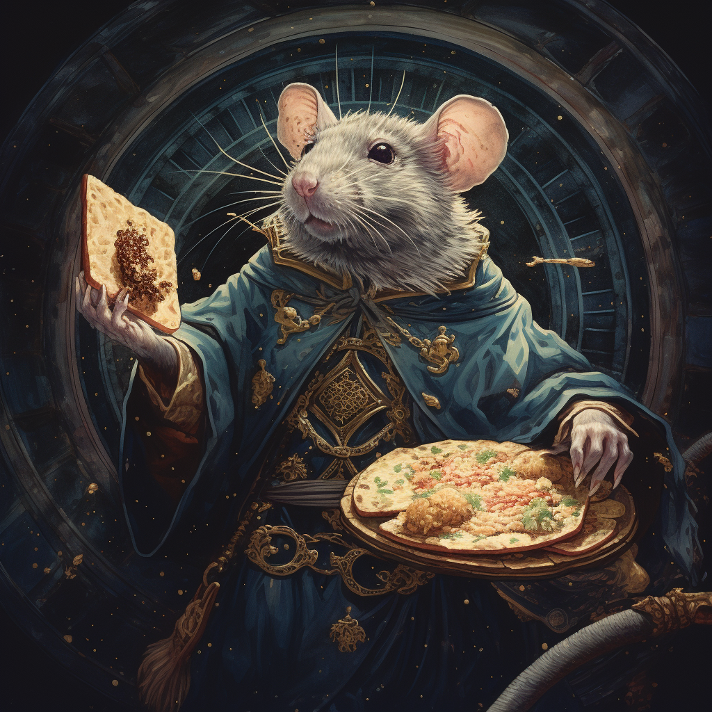 Illustration of a Magical Rat Praying to Geometric Pizza Slices