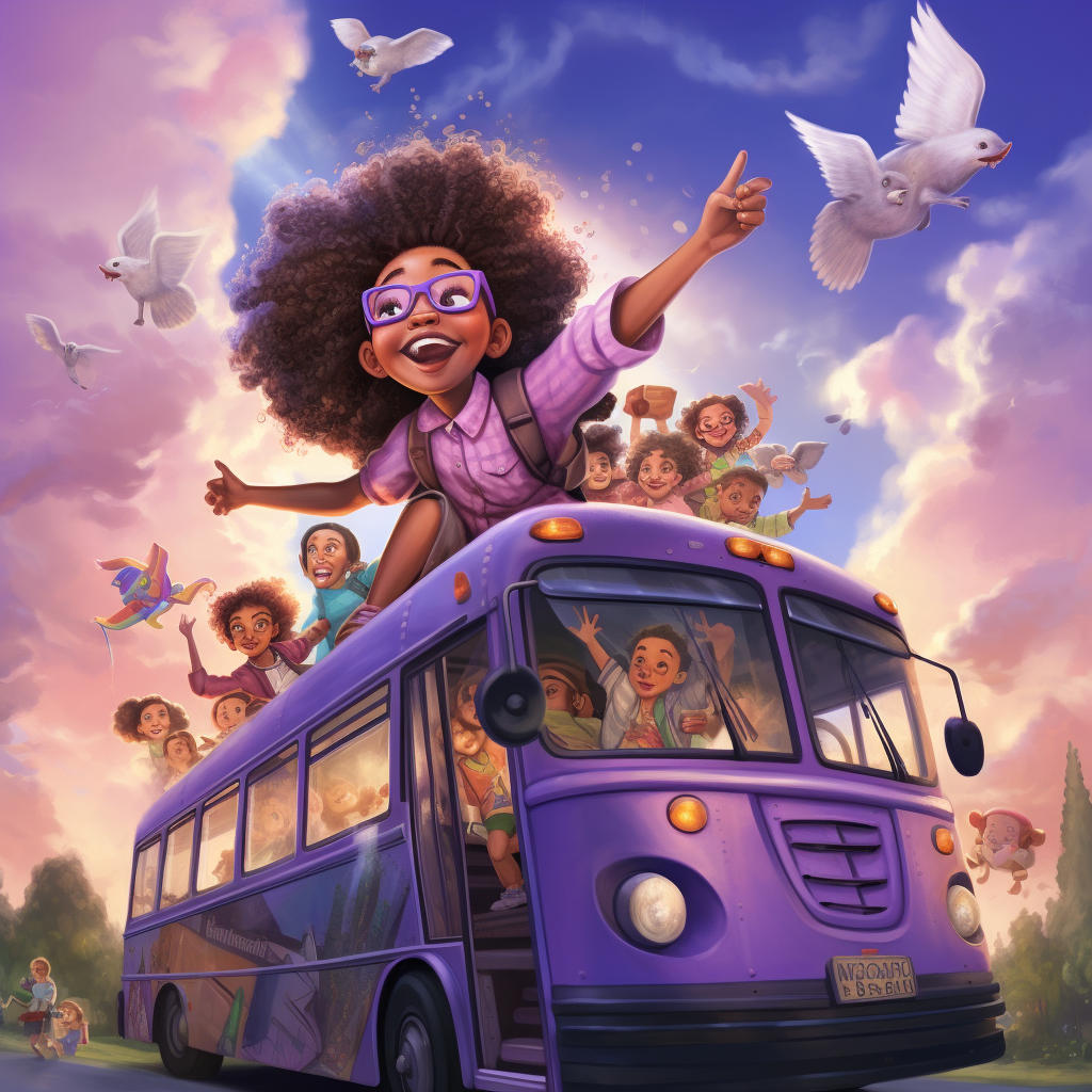 Excited multicultural children on magical bus