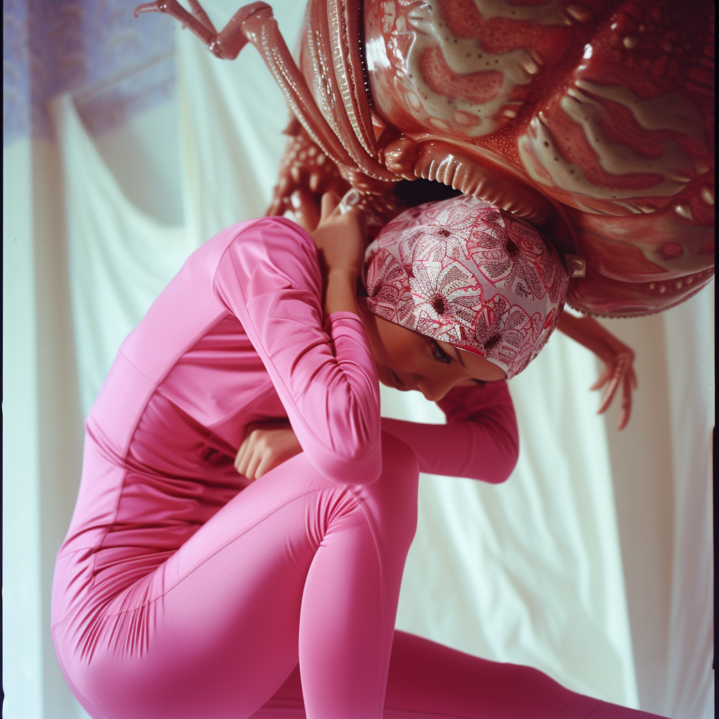 Supermodel wearing pink leggings with facehugger head wrap