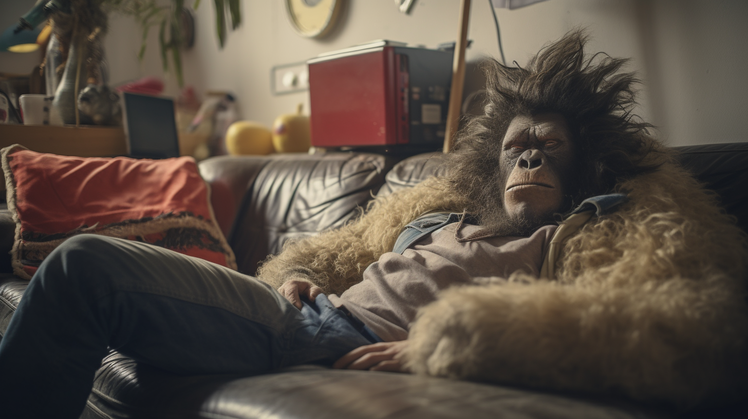 Male with Ape Head lying on couch