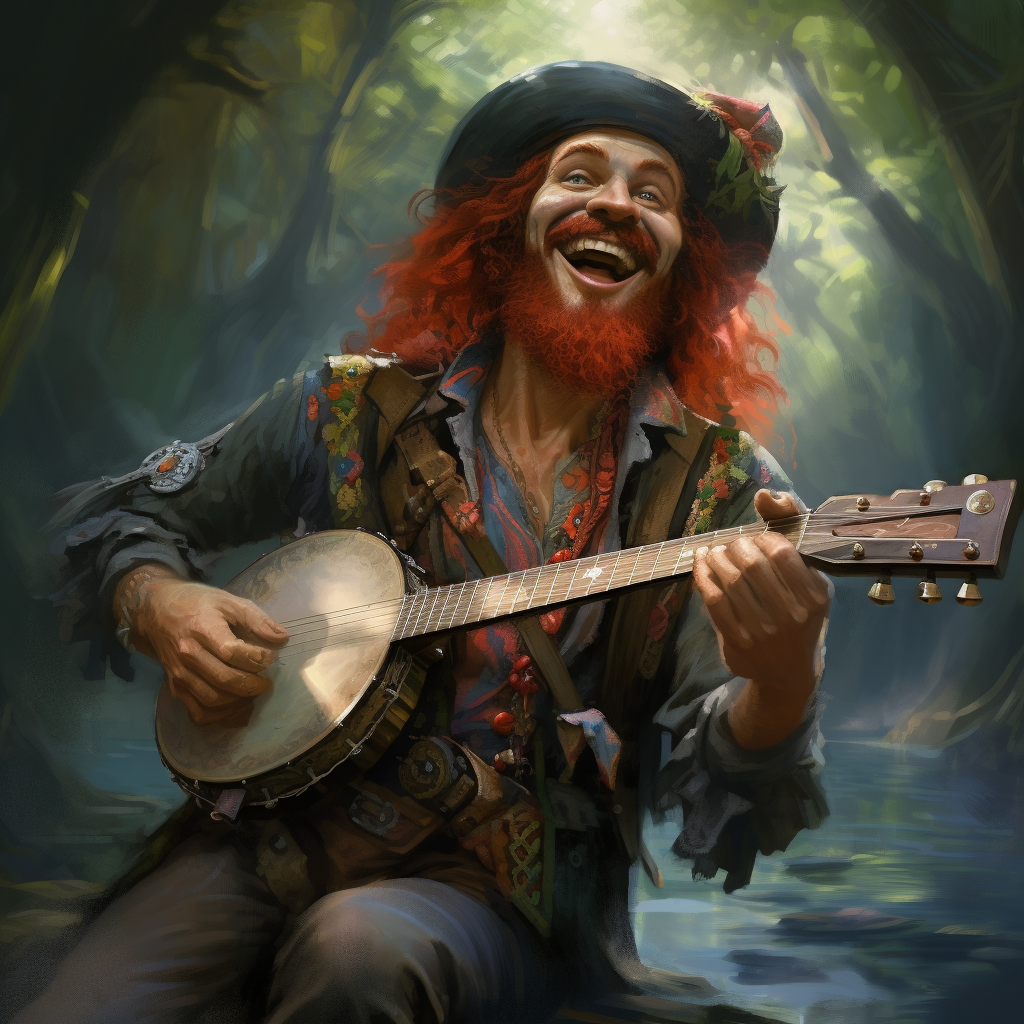 Smiling male bayou elf playing banjo