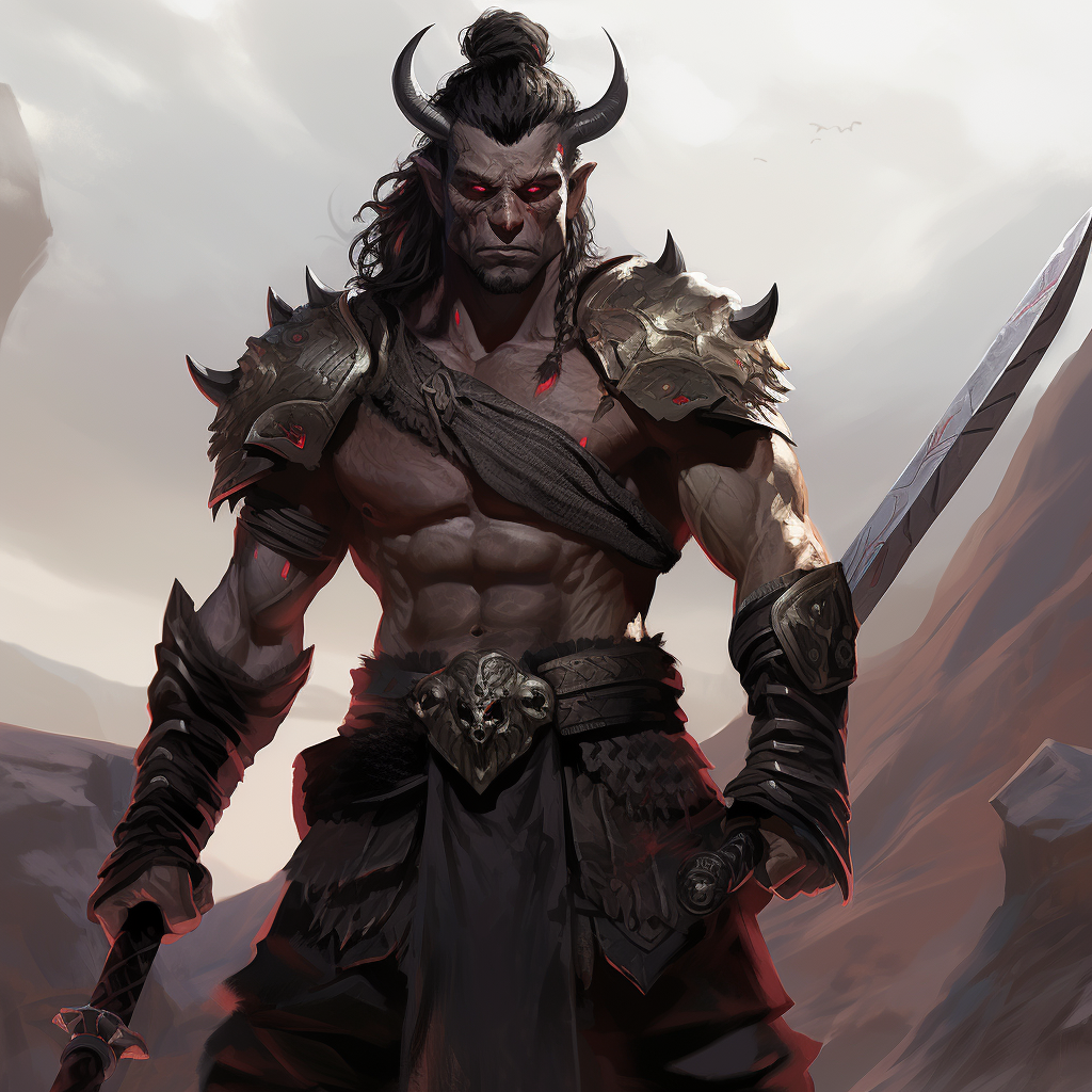 Male Tiefling Gladiator splitting black rocks