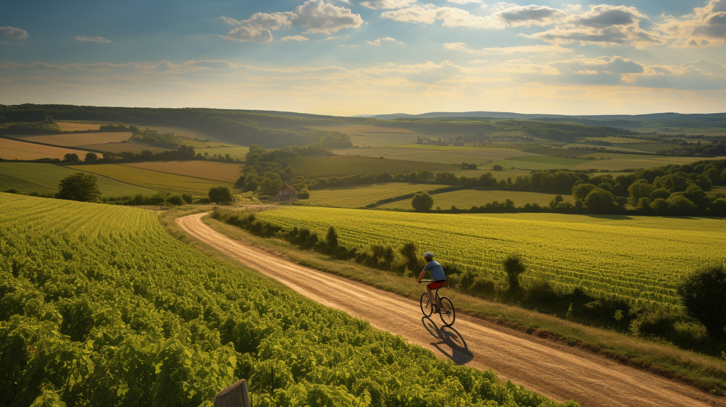 Man on bicycle in champagne landscape