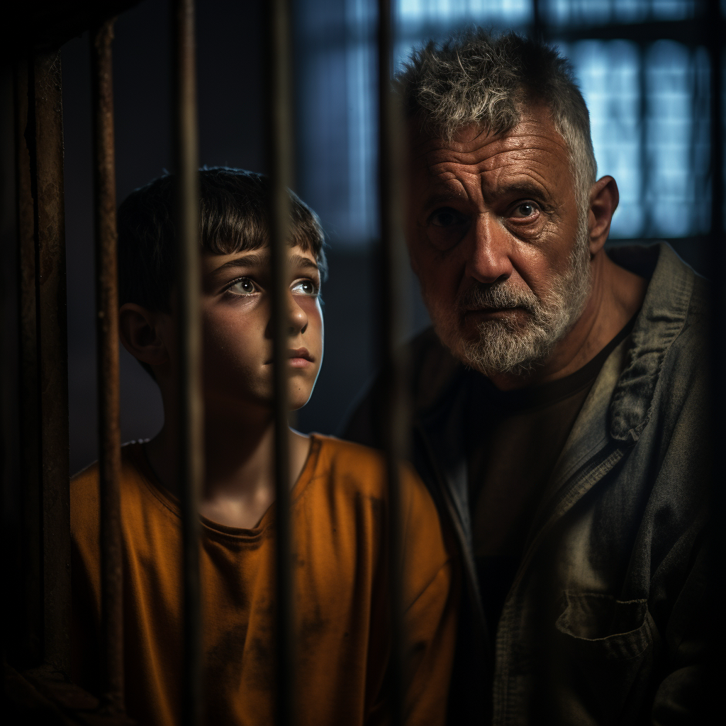 Man and boy looking through prison bars