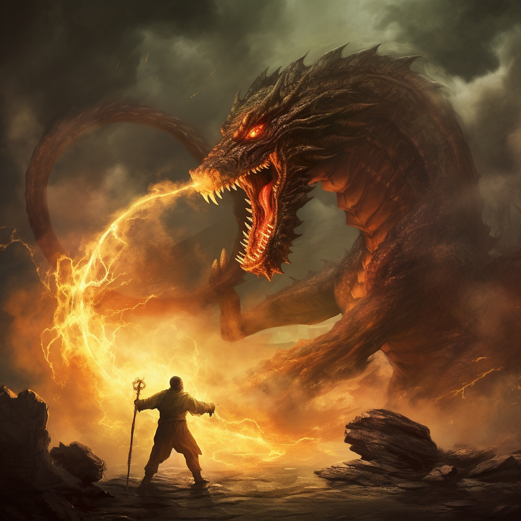 Brave man battling beholder with dragon flamethrower