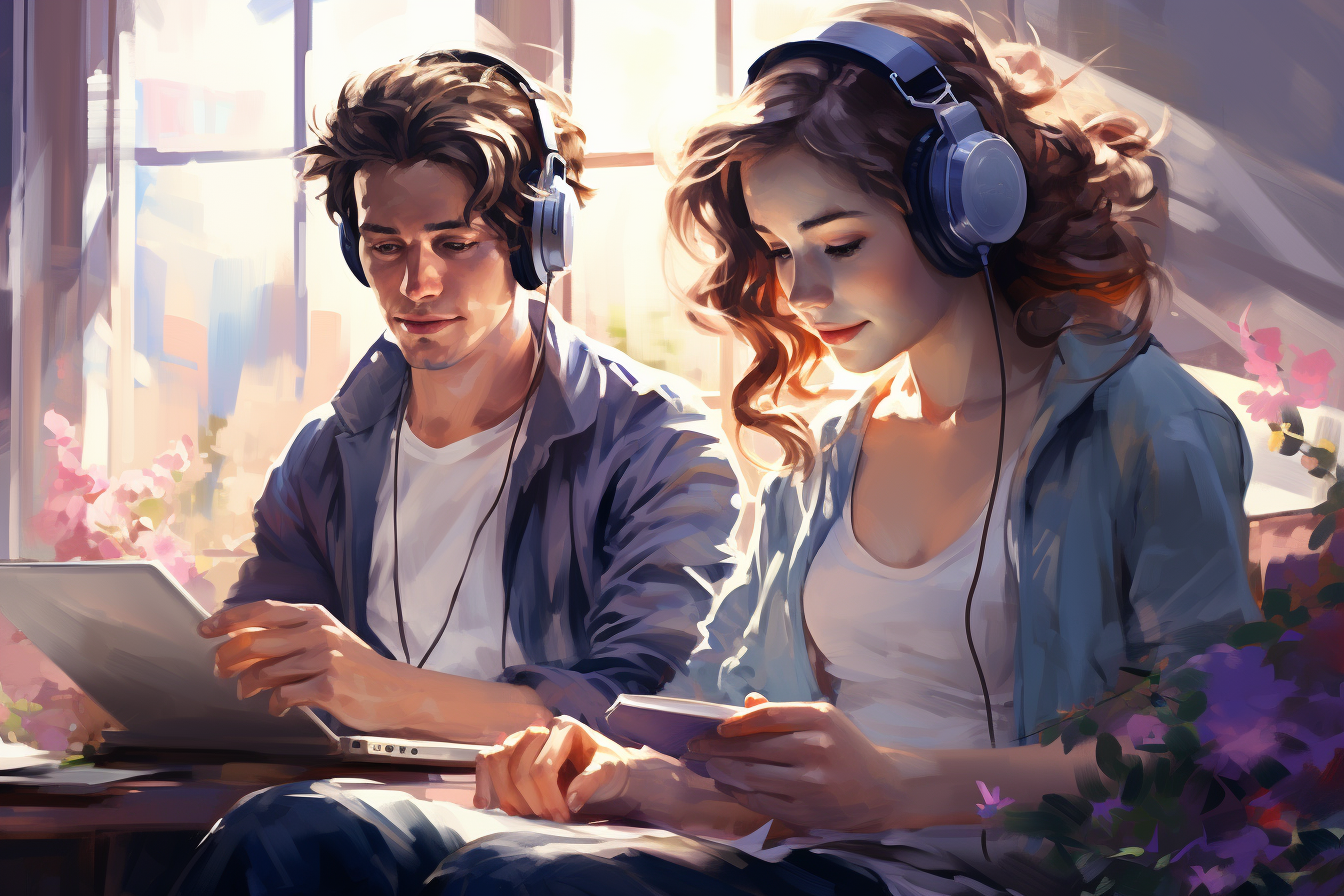 Man drawing on tablet, woman wearing headphones, guy lying on sofa