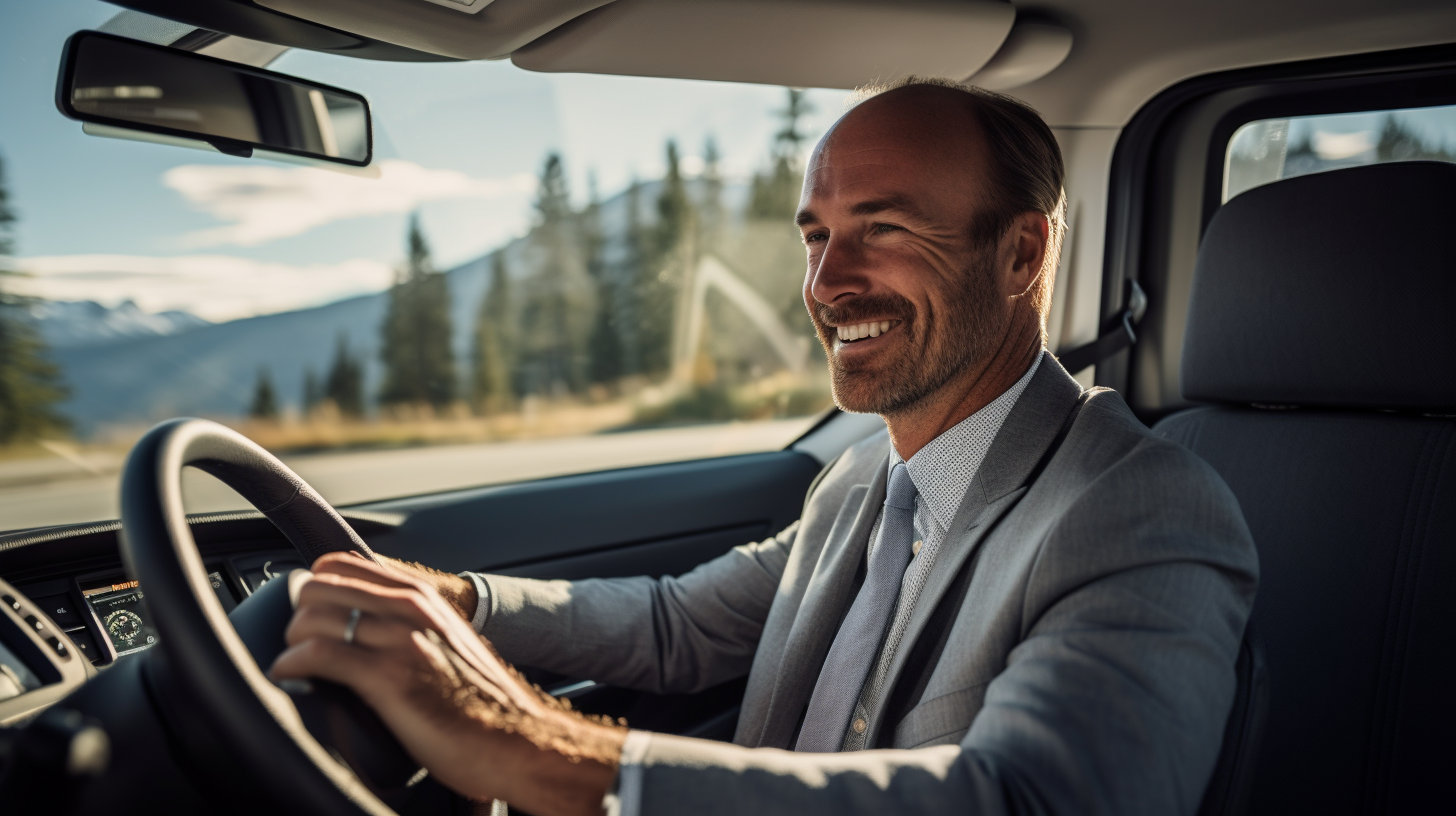 Man driving Eurovan in sportcoat