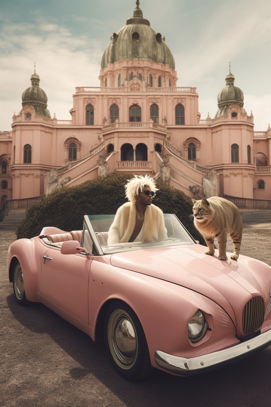 Man with Gold Hair in Convertible Car with Cats