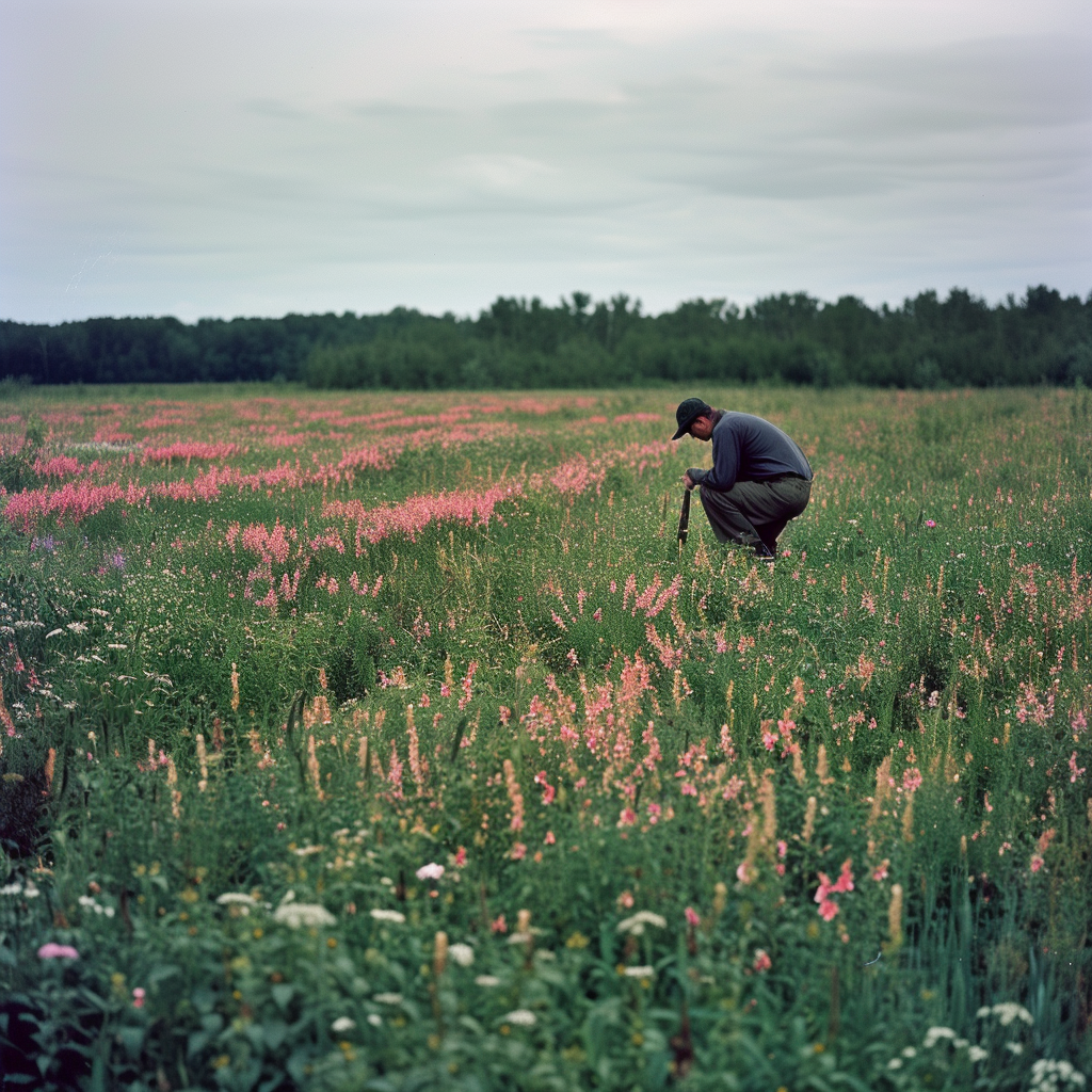 Man harvesting field flowers bacon growing