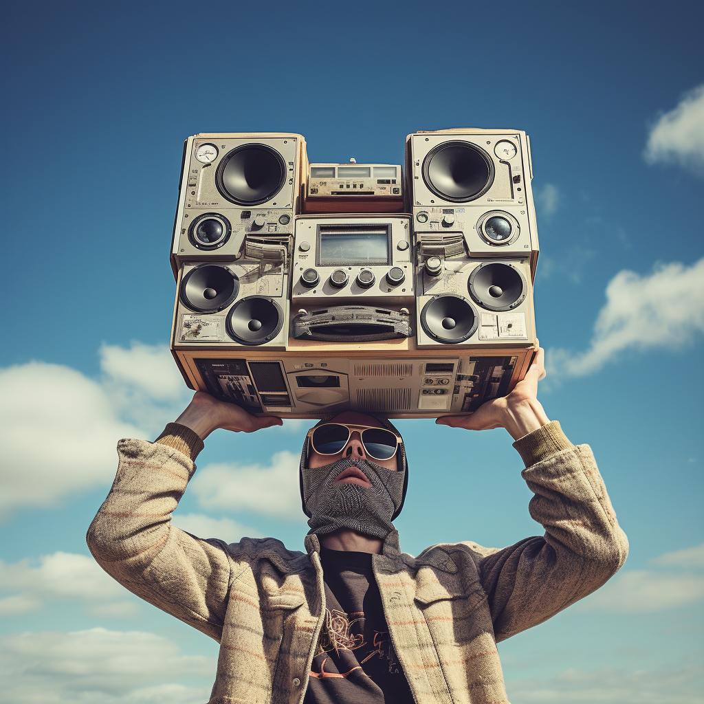 Man holding boombox over head