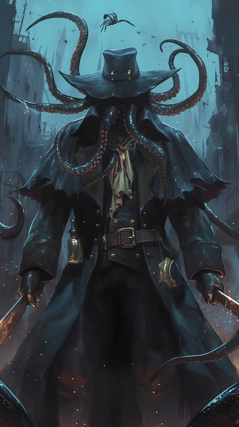 man-like squid creature with tentacles, hat and knives in dark city.