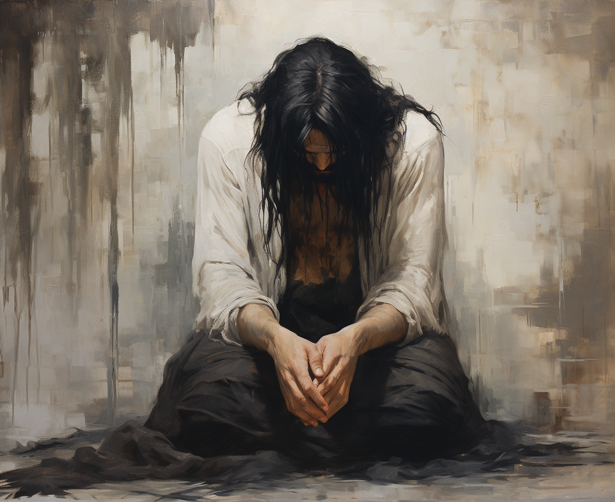 Man with Long Hair Weeping in Vintage Painting