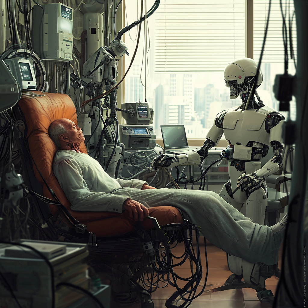 Man lying on sofa robot psychiatrist