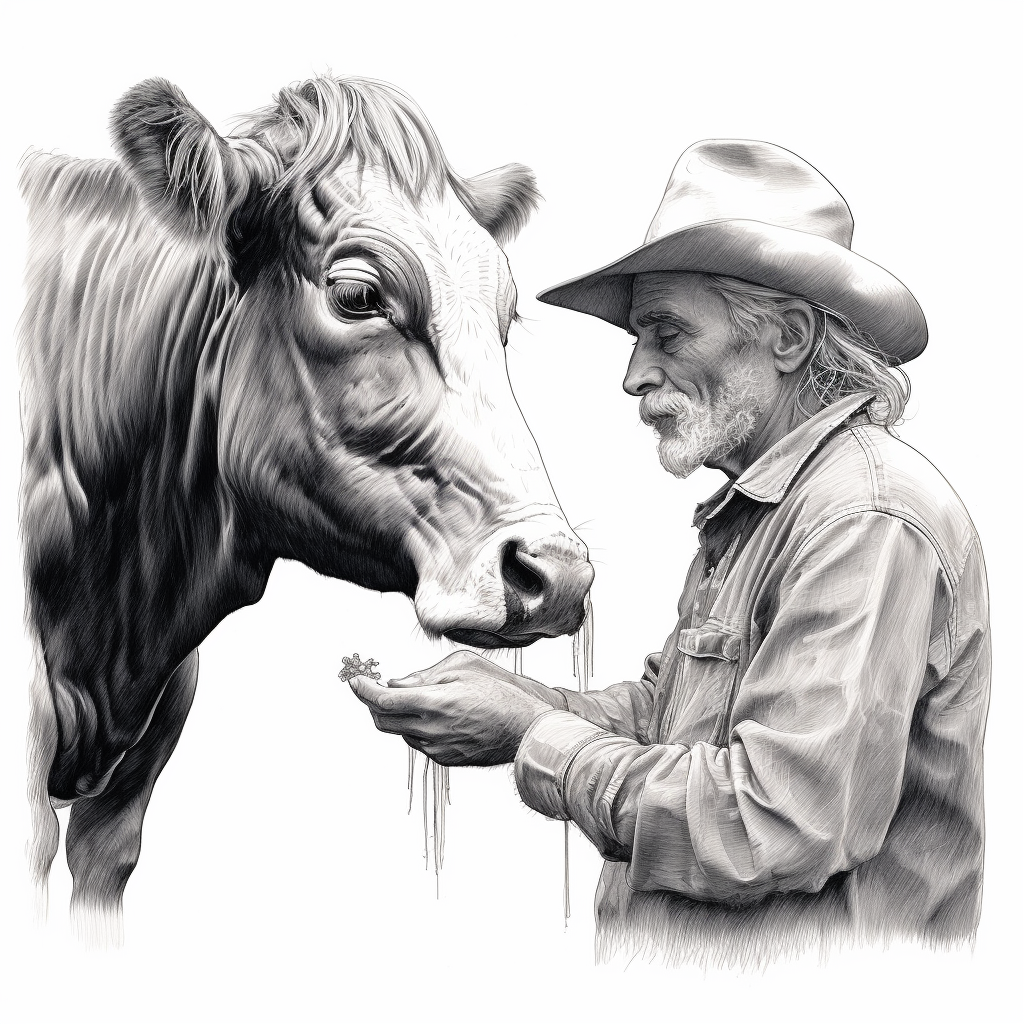 man milking cow - black and white drawing