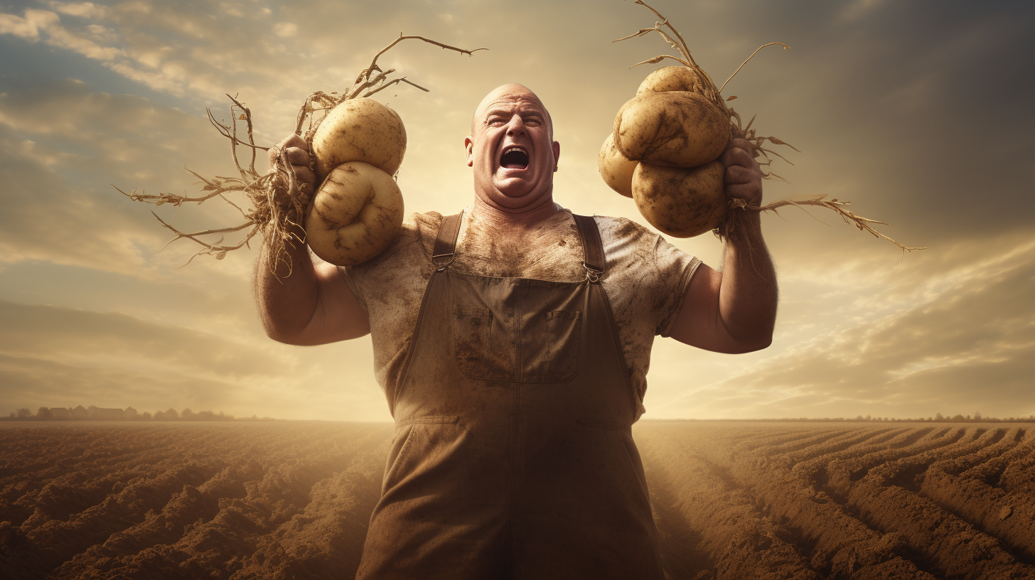 Strong man with pitchfork in potato field